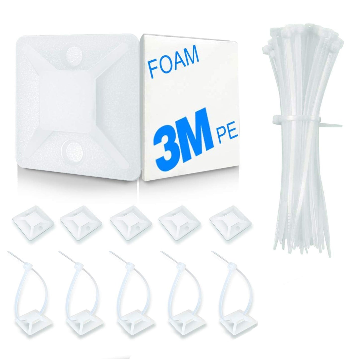 HUASAI 4/5" 100 Pack Zip Tie Mount With Cable Ties,Self Adhesive-backed Mounts for Wire Holder, Black Cable Management Clips Wall Anchors