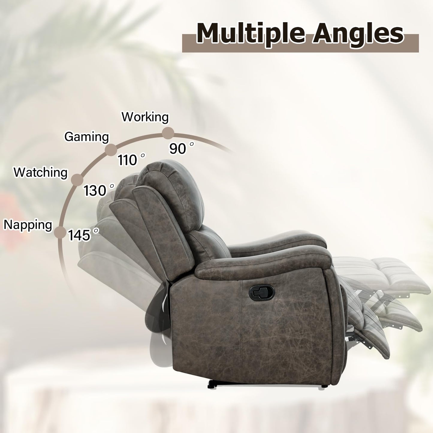 CANMOV Leather Recliner Chair, Classic and Traditional Manual Recliner Chair with Overstuffed Arms and Back, Manual Single Sofa with Concealed Cup Holders,Grey
