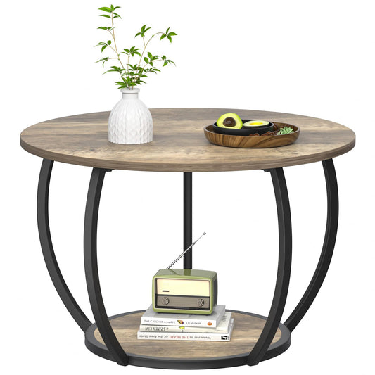 GreenForest Coffee Table Round for Living Room, 27.6 inch 2 Tier Small Tea Tables with Storage, Farmhouse Center Table with Adjustable Feet, Grey Wash