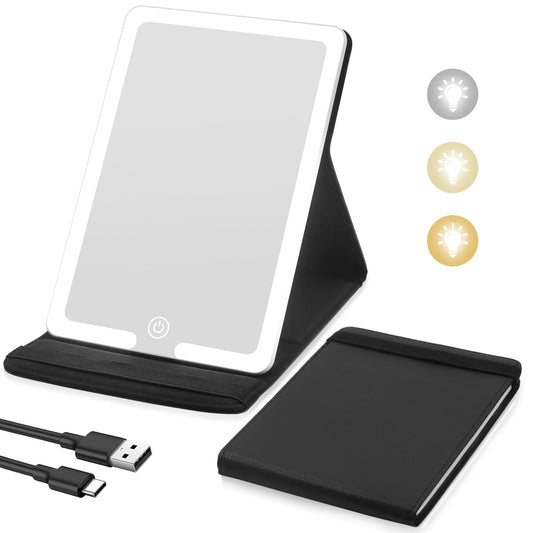 Lighted Travel Makeup Mirror, PU Leather Vanity Cosmetic Mirror with Lights, Rechargeable 1500mAh Battery, 3- Color Light Modes Dimming LED Light Up Mirror of 8X5.5inch, Travel Accessories for Makeup