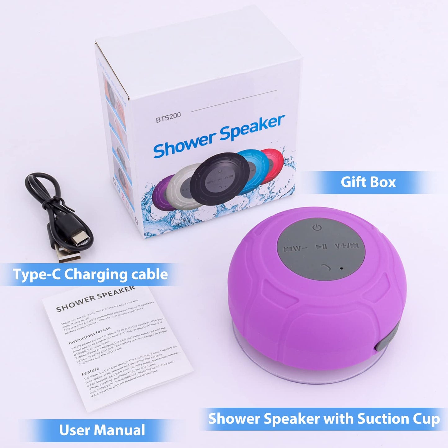 Annlend Bluetooth Shower Speaker Waterproof Portable Wireless Water-Resistant Speaker Suction Cup,Built-in Mic Speakerphone for iPhone Phone Tablet Bathroom Kitchen - Purple