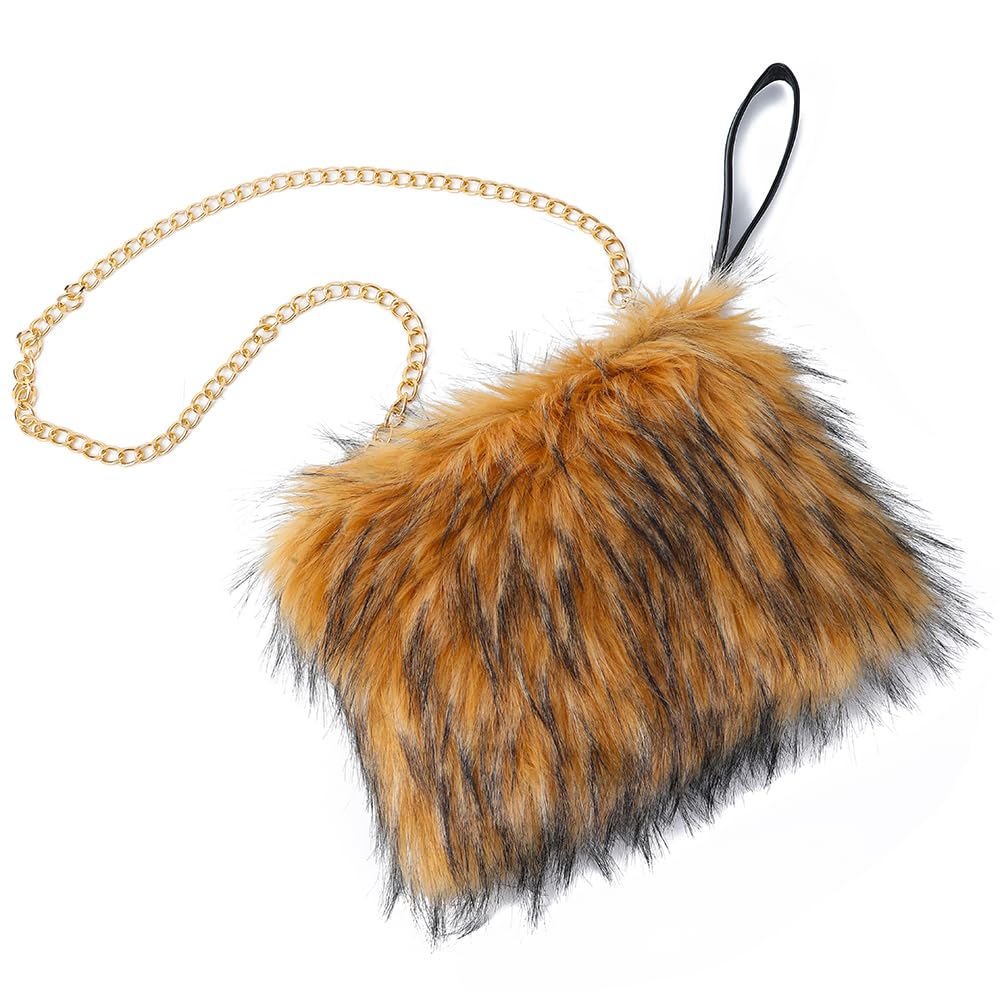 ZOSCGJMY Evening Faux Fur Handbags for Women Furry Fluffy Fuzzy Bags Purse Crossbody Shoulder Strap (Brown)