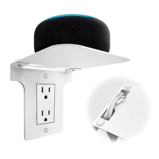 Metal Outlet Shelf Wall Holder for Decora (Rectangle) Outlets - Bathroom & Kitchen Organizer with Cord Storage,Quick Install for Echo Dot Smart Home Toothbrush Holder Holds Smart Speaker Cell Phone