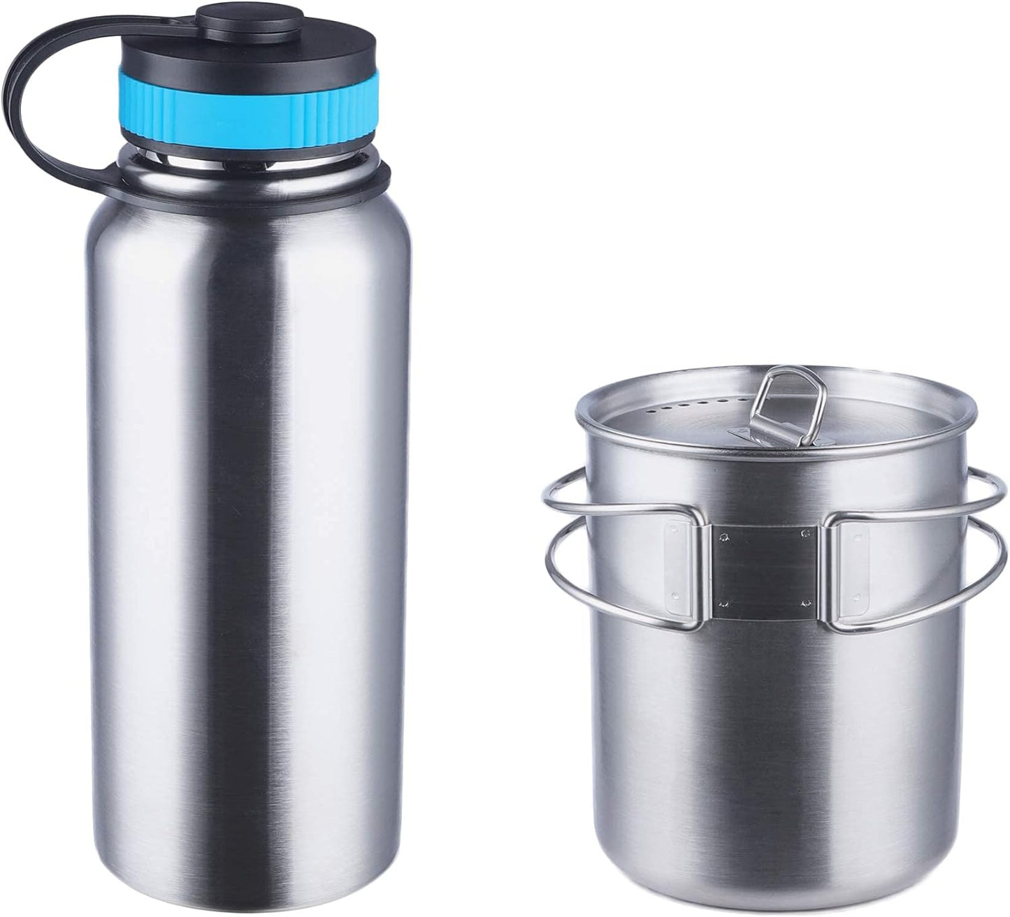 Canteen Stainless Steel Water Bottle with Nested Camping Cup and Lid for Bug Out Bag, Bushcraft Gear, Metal Canteen with a Wide Mouth Water Bottle and Mess Kit