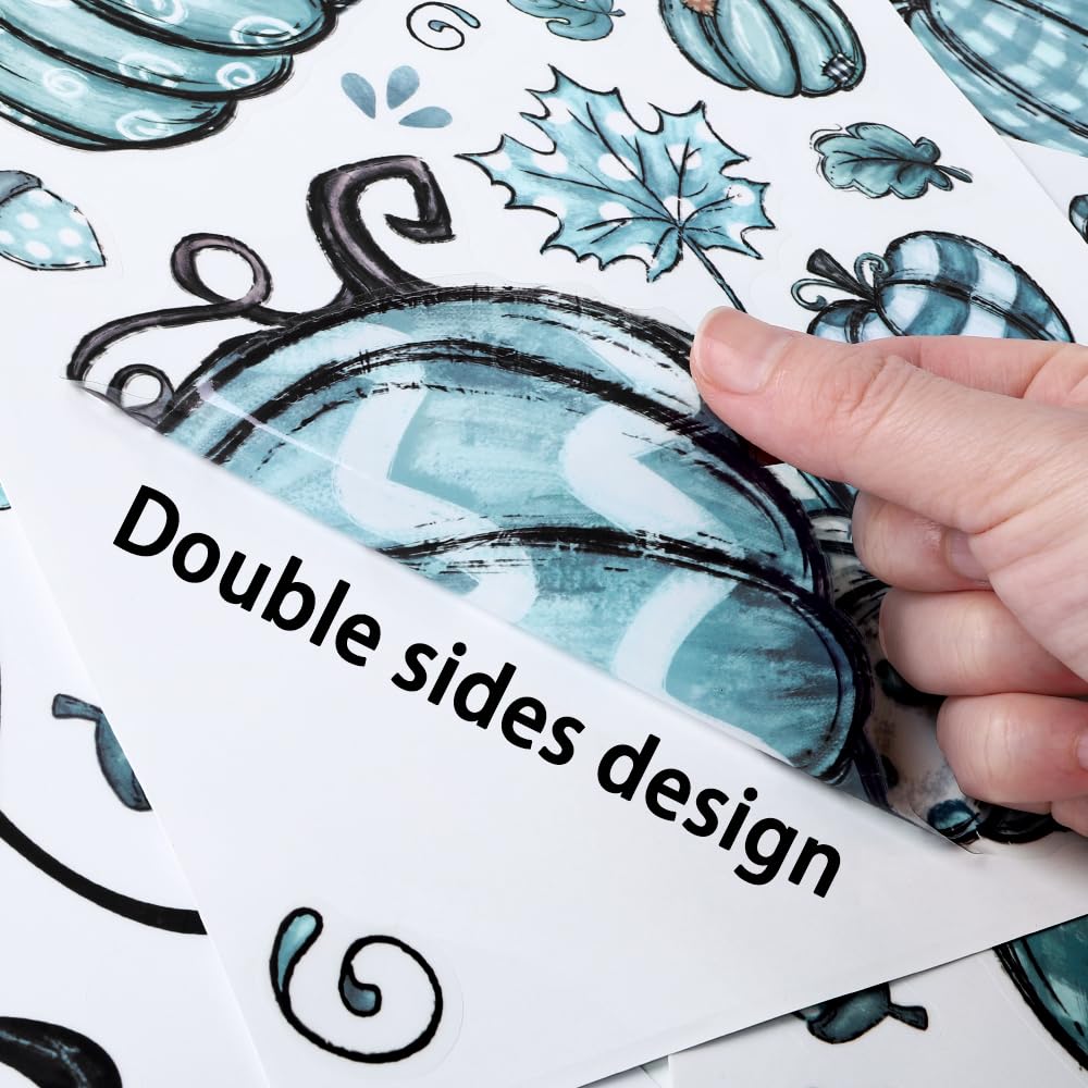 YUJUN 6 Sheets Thanksgiving Fall Window Clings, Pumpkin Maple Leaves Blue Oil Painting Decals Stickers for Autumn Glass Home Decor and Fall Decoration