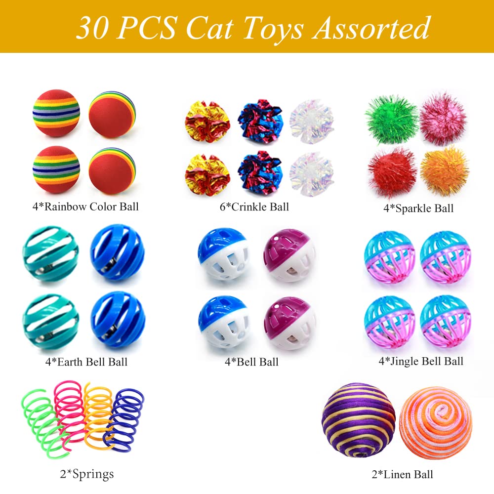 LASOCUHOO Cat Toys Kitten Assortment - Rainbow, Crinkle, Sparkle, Bell & Sisal Balls for All Cats - 30 Packs