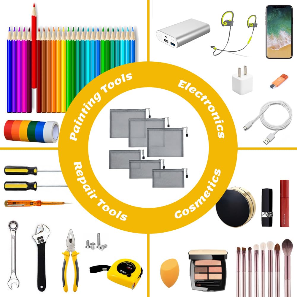 besharppin 6 Pack Mesh Cosmetic Bags, Nylon Makeup Pouches with Zipper for Home Office Purse Diaper Bag (Grey)