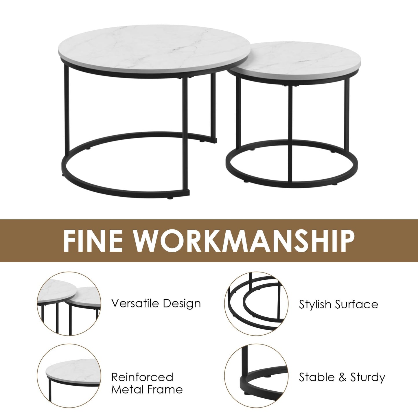 Nesting Coffee Table Set of 2 Marble Pattern with Sturdy Metal Frame Round Side Tables for Living Room and Bedroom (White)
