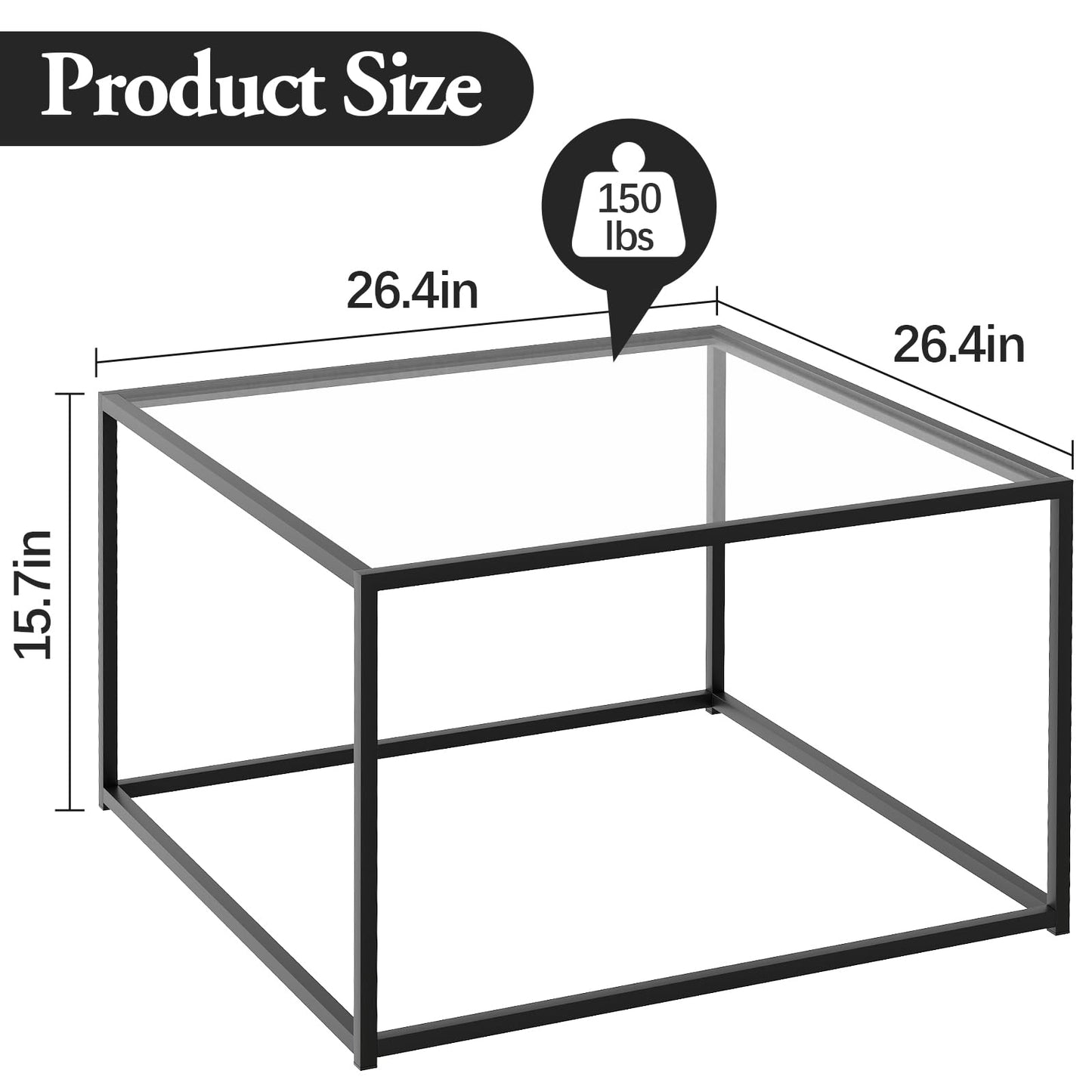 Black Glass Coffee Table for Living Room,Square Coffee Tables for Small Spaces,Simple Tea Cocktail Modern Center Tables, Living Room Tables,Easy Assembly,26 * 26in（Black & Clear Glass）