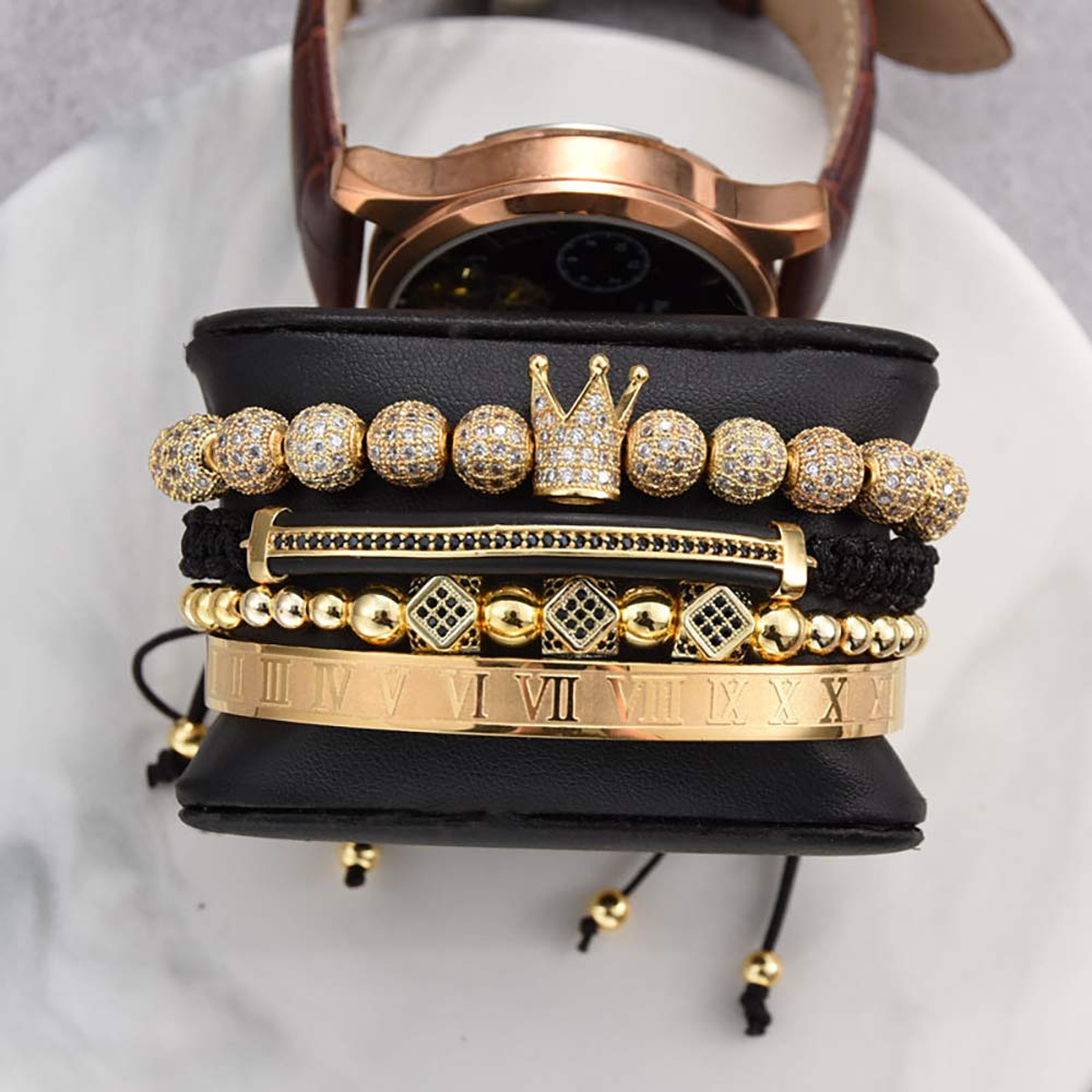 WFYOU Imperial Crown Bracelet for Men & Women, 18kt Gold Bangle, Cubic Zirconia Beads, Cross Charm, Luxury Gift (Gold-Large)