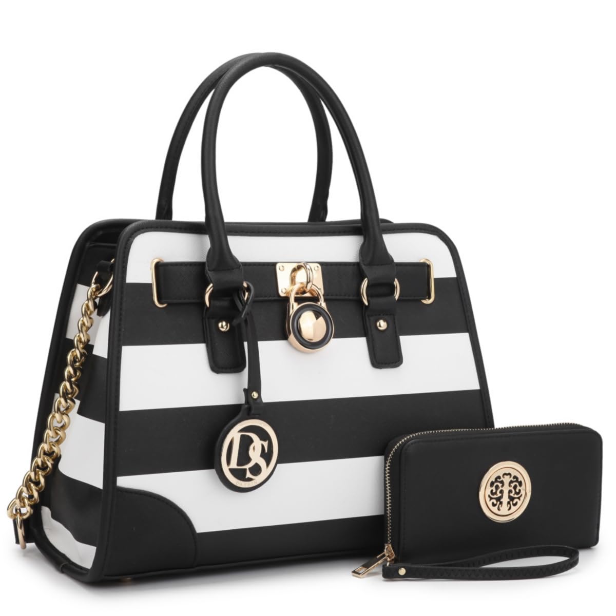 Dasein Women Handbags Top Handle Satchel Purse Shoulder Bag Hobo Bag Work Bag Set 2pcs (Black/White)