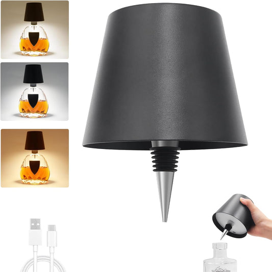 Wireless Bottle Lamp,Metal Wine Bottle Light with 3 Color Light Dimming, Waterproof Bottle Touch Lamp Head for Room, Bar, Restaurants, Party, Decor & Gifts (Black)