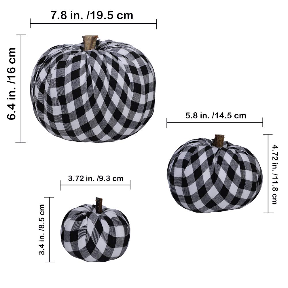Package of 3 Assorted Burlap Pumpkins Fabric Pumpkins Buffalo Plaid Pumpkins Gingham Fabric Pumpkins Fall Thanksgiving Halloween Seasonal Holiday Farmhouse Tabletop Decoration