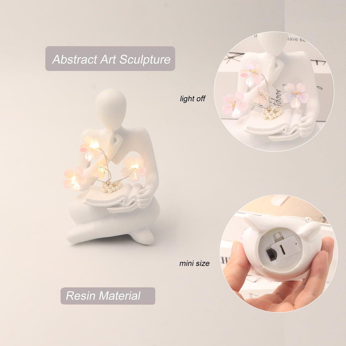 Bookshelf Decor Thinker Statue, Battery Powered Night Light, Modern Abstract Reading Figurines Home Decoration, Living Room Office Shelf Table Desk Decor, Aesthetic Gift