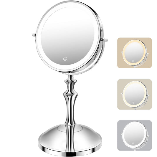 Large Lighted Makeup Mirror, 8" Rechargeable Vanity Mirror with 3 Color Lights, 1X/10X Magnifying Mirror, 360° Rotation Double Sided Mirror, Brightness Adjustable Makeup Mirror with Lights