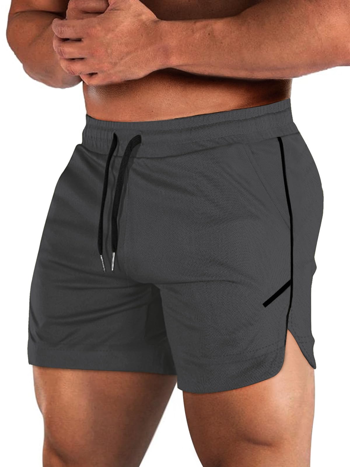 Aolesy Mens Workout Shorts with Zipper Pocket 5 Inch Lightweight Gym Running Shorts Linerless Bodybuilding Training Athletic Shorts Black Grey
