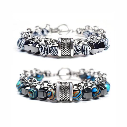 Nainsect Bead Bracelets Malachite Bracelet Metal Beads Hip Hop Gallstone Beaded Chain Bracelet Mens Beads Stretch Bracelet 2 PCS (Green+white)