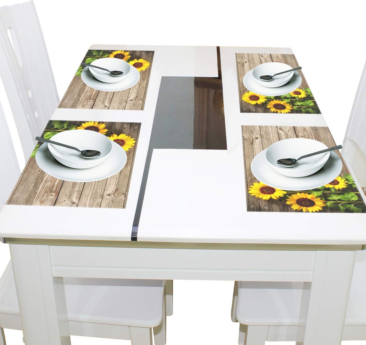 Wamika Beautiful Sunflowers Placemats Set of 6 Wood Board Florals Table Mats Spring Summer Autunm Place Mats for Kitchen Dining Decor Heat Resistant Non-Slip Washable 12 X 18 in