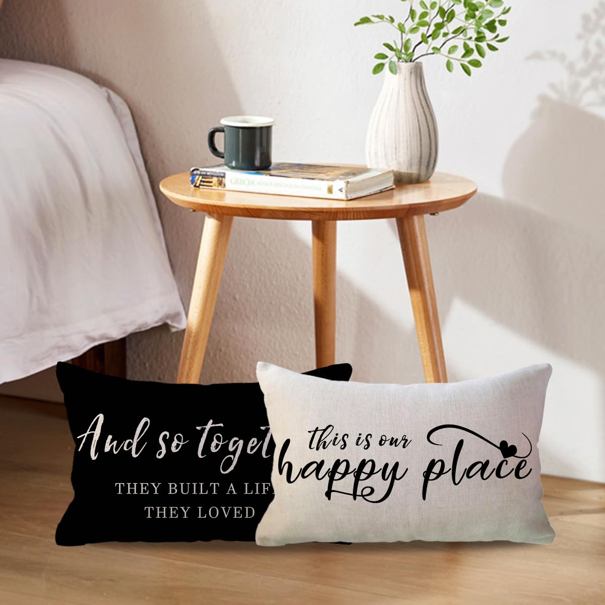 ULOVE LOVE YOURSELF Home Saying Throw Pillow Covers with Our Happy Place Quote Rustic Farmhouse Decor Lumbar Pillow Cases 12" x 20",2Pack Housewarming Gifts for Sofa/Couch/Porch (Black)