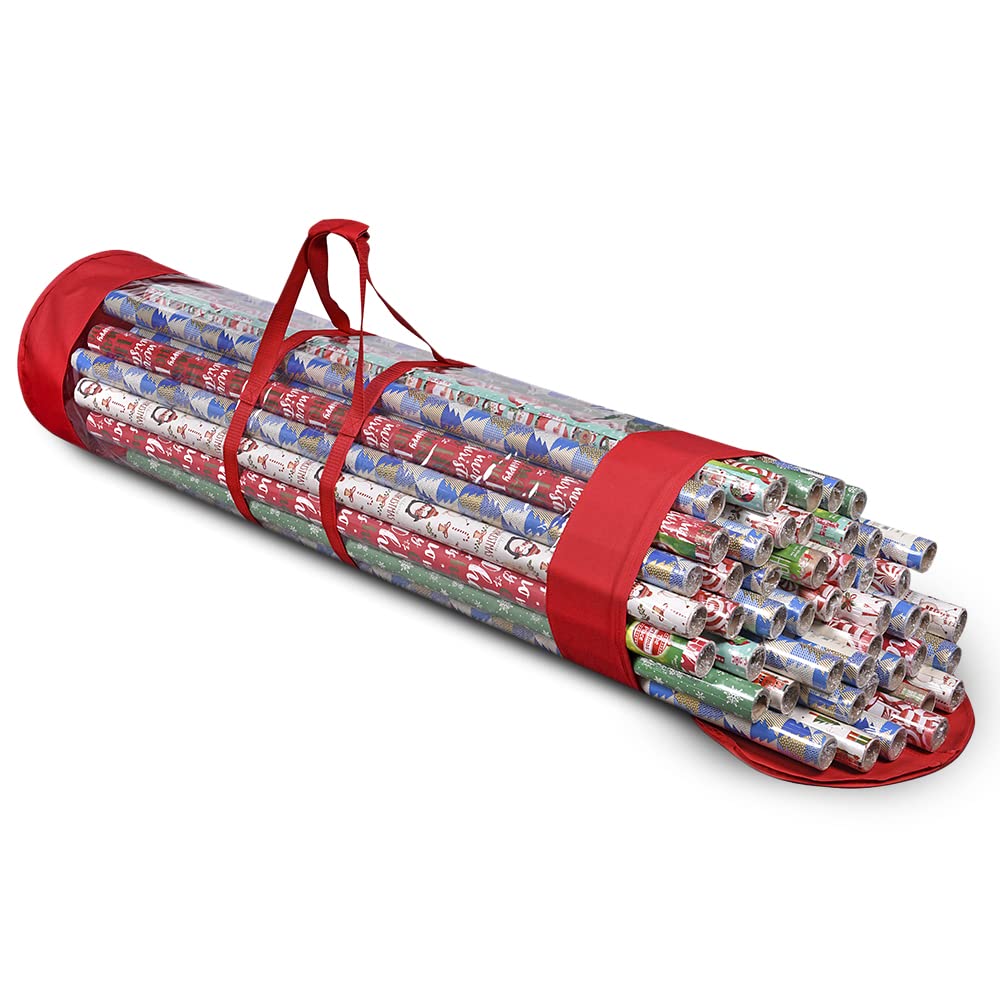 ProPik Gift Wrap Organizer, Wrapping Paper Storage Bag, Fits Holiday Papers 40 Inch Long, Holds Up To 24 Rolls, Heavy Duty Clear PVC Bag with Handles (Red & Clear)