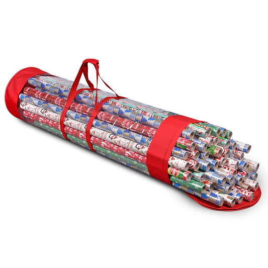 ProPik Gift Wrap Organizer, Wrapping Paper Storage Bag, Fits Holiday Papers 40 Inch Long, Holds Up To 24 Rolls, Heavy Duty Clear PVC Bag with Handles (Red & Clear)