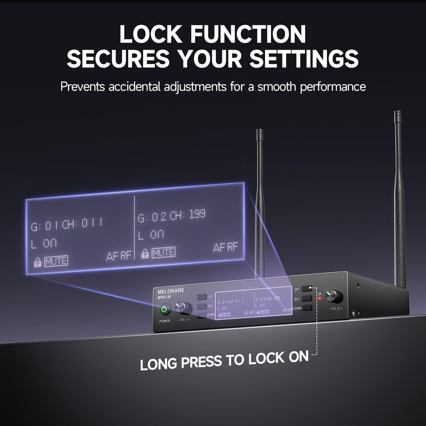 Dual Channel Wireless Microphone System, MELONARE Auto-Scan Professional Cordless Dynamic Mic Set, 260ft Range, 2x100 UHF Metal Wireless Mic for Singing, Karaoke, Church, Wedding, DJ (MWU-20-2H)