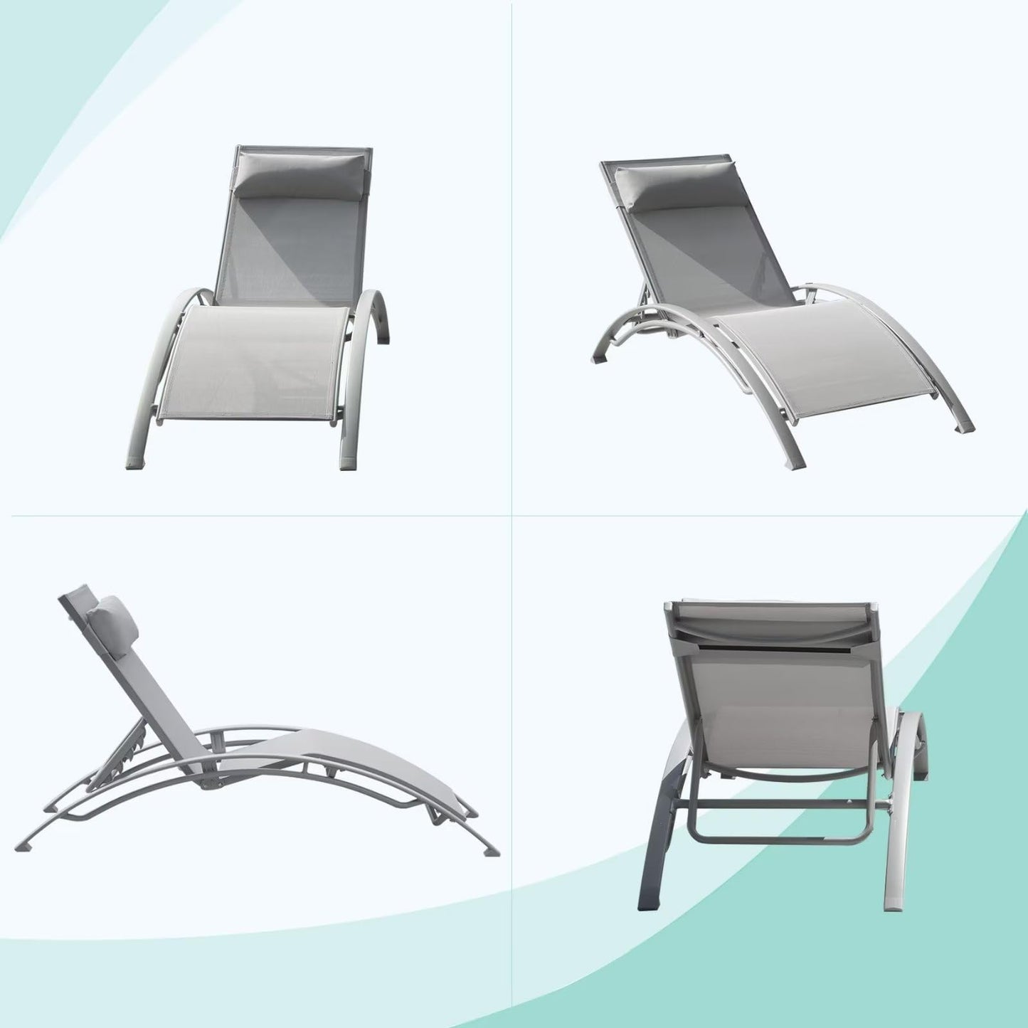 Domi Pool Lounge Chairs Set of 2, Adjustable Aluminum Outdoor Chaise Lounge Chairs, All Weather for Deck Lawn Poolside Backyard -Grey Textilene