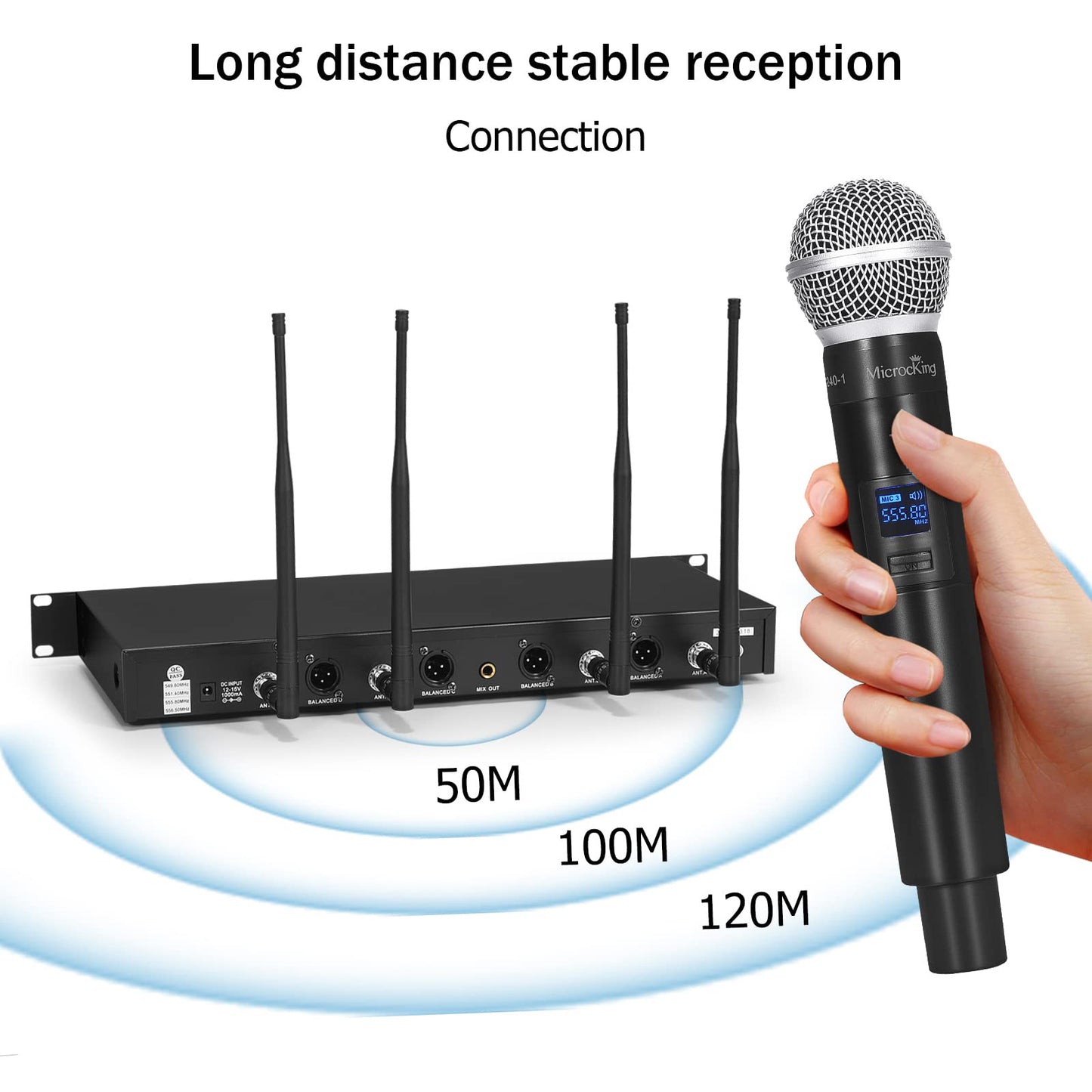 MicrocKing Wireless Microphone System, with 4 Handheld Mics, Metal Build, Fixed Frequency, Long Range 400ft, Ideal for Party/Wedding/Church/Conference/Speech