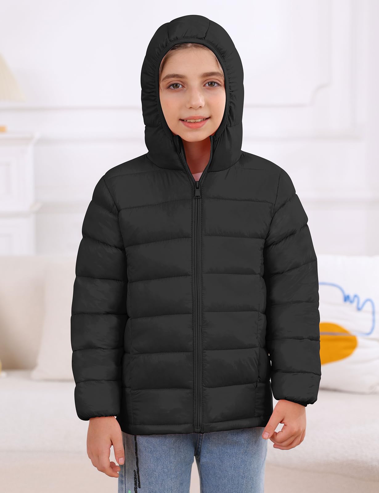 Enlifety Kids Jackets Size 6 7 Girls Black Winter Coat Lightweight Packable Hooded Puffer Jacket