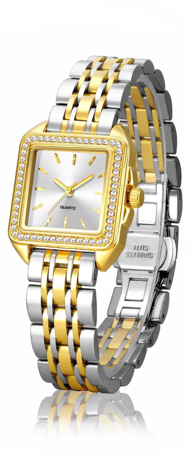 BESTKANG Luxury Golden Square Women's Watch - Retro Vintage Bracelet Diamond Waterproof Quartz Wristwatch, Elegant Small Dress Watch for Women (Two Tone White)