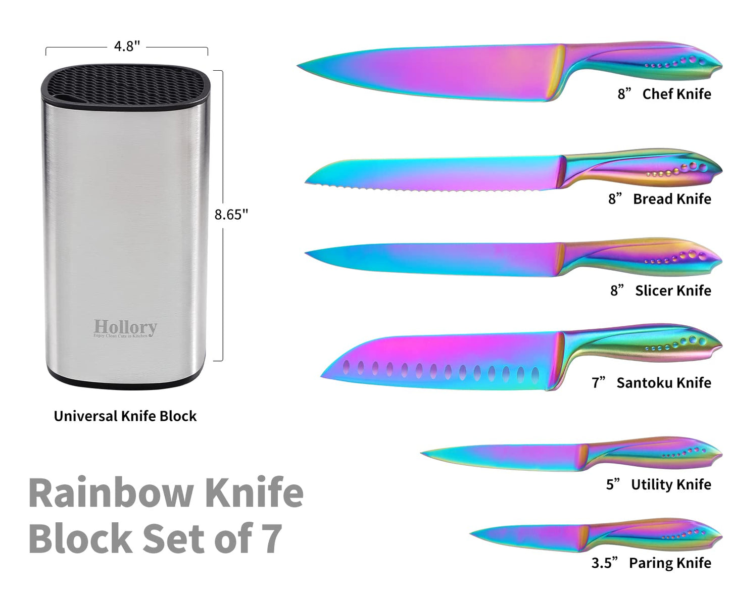 Rainbow Knives Block Set 7 Pieces, Iridescent German High Carbon Stainless Steel Kitchen Knives Pack with Universal Knife Holder