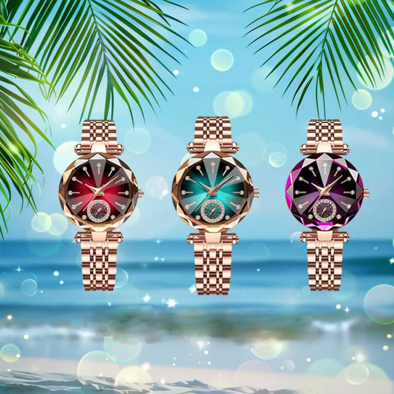 Women Watches with Bracelet Rose Gold for Lady Elegant Stainless Steel Strap Fashion Analog Creative Diamond Dial Women's Wrist Watches (Green)