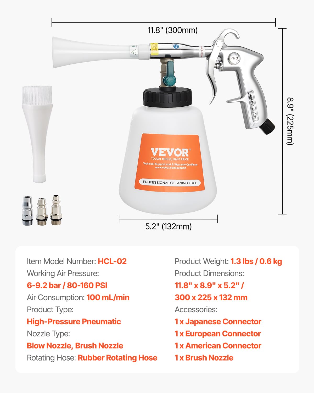 VEVOR Car Cleaning Gun, 6-9.2 Bar High-Pressure Air Blow Gun with 2 Set Nozzles & 1L Liquid Bottle, Vortex Cleaning Gun, Quickly Blasts Dirt and Dust from Surface, Work with 1/4 NPT Air Compressor