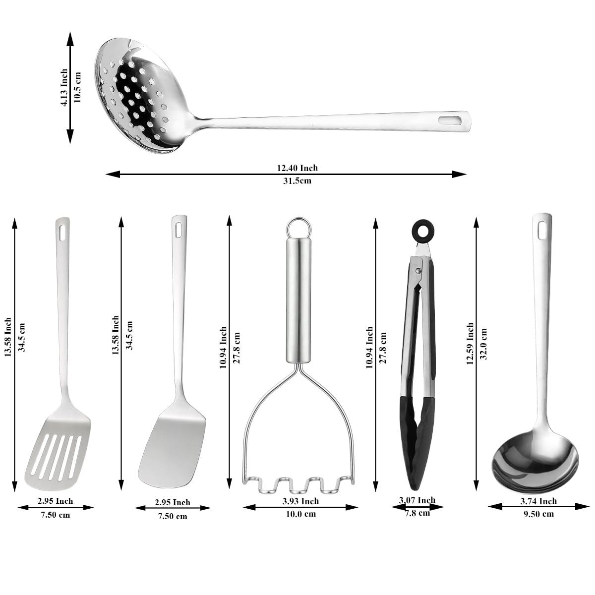 Kyraton Stainless Steel Kitchen Utensils Set 6 Pieces, Cooking Utensil Set Include Metal Spatula Sets, Skimmer, Ladle, Tongs, Potato Masher, Dishwasher Safe