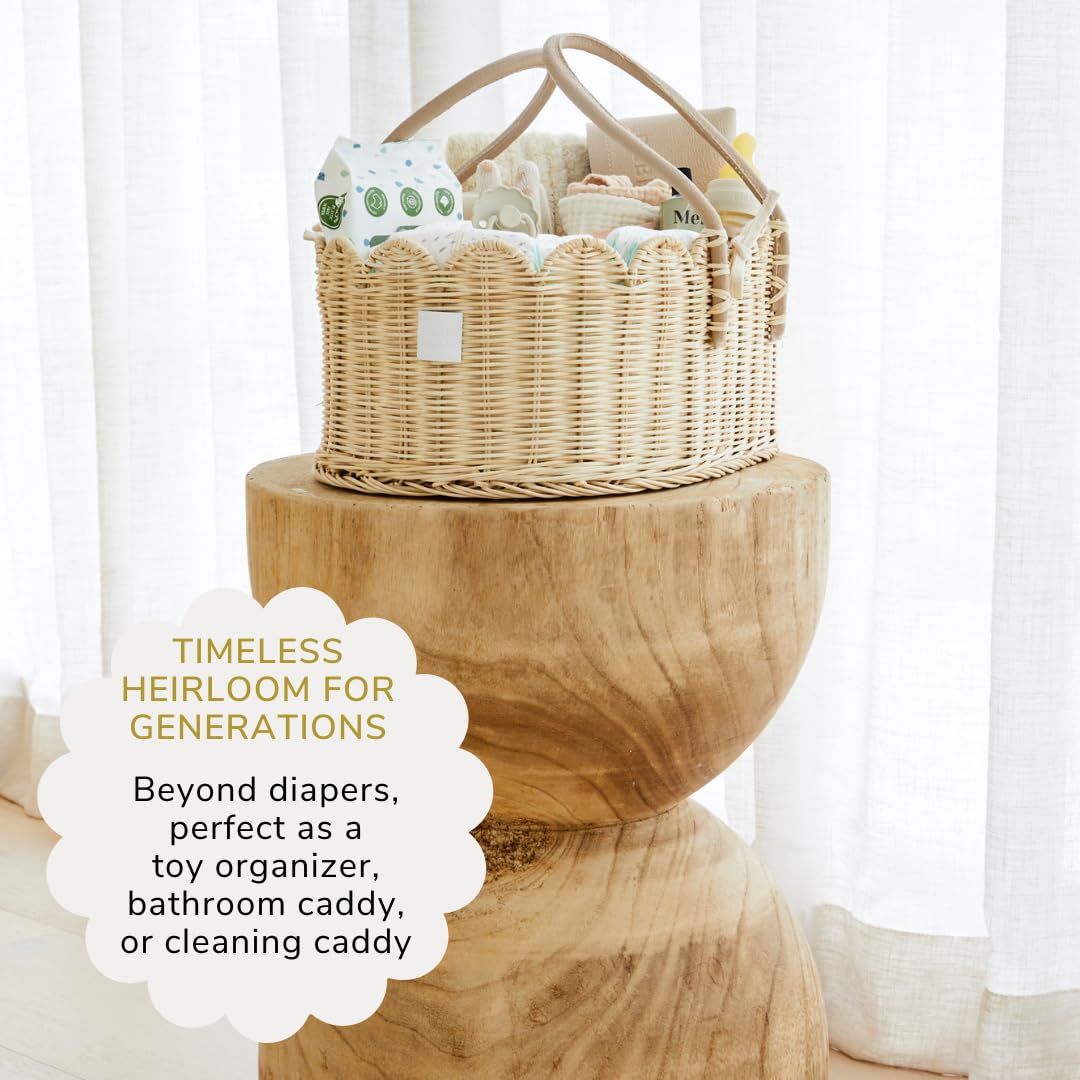 BEBE BASK Premium Baby Diaper Caddy Organizer - Handmade & Award-Winning Scalloped Rattan Basket - Luxury Diaper Caddy Basket - Elegant Scalloped Edge (Natural)