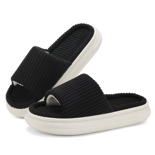 NineCiFun Women's Summer House Slippers Indoor and Outdoor Slip-On Home Bedroom Shoes Open Toe Memory Foam Slippers Wide Black Women size 9 10 Men size 7.5 8