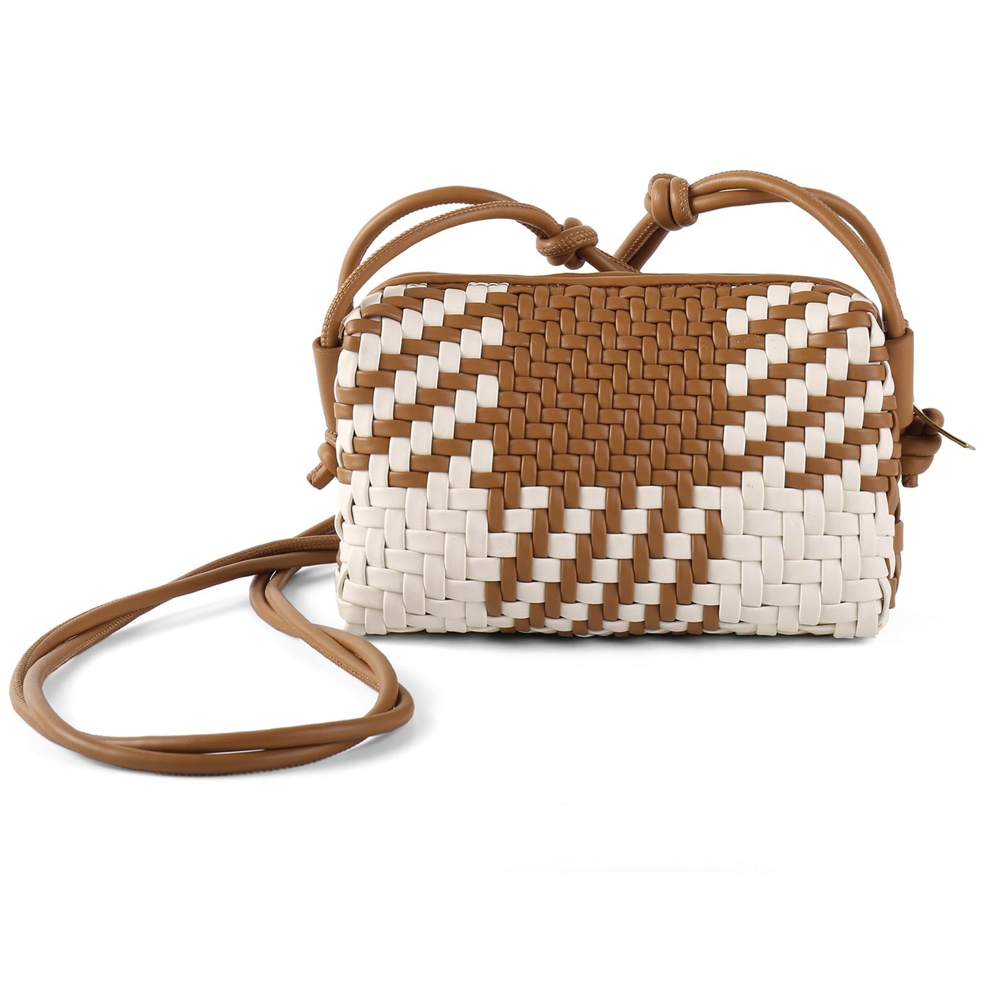 Crossbody Bag for Women Trendy Woven Purse Vegan Leather Small Shoulder Handbags with Strap (Brown and White)