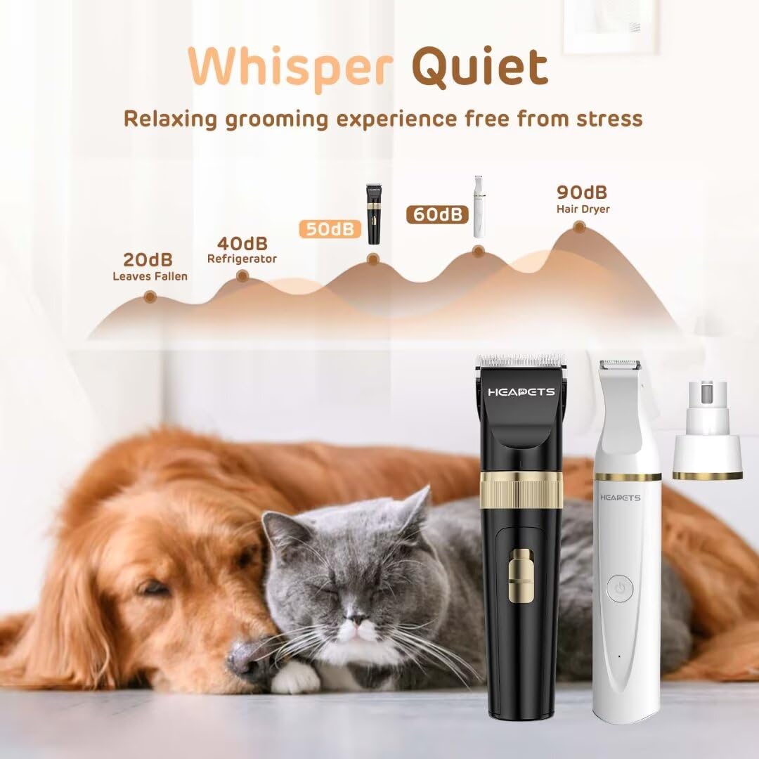 HEAPETS Dog Hair Clippers for Grooming Kit and Dog Paw Trimmer Nail Grinder for Grooming, Low Noise Rechargeable Cordless, Shaver Grooming Supplies for Pet Cats Dogs (Black, White)