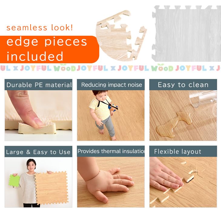 TANSU NO GEN 3/8 Inch Thick Printed Foam Tiles, Wood Grain Interlocking Foam Floor Mats, Anti-Fatigue Flooring, 32 Tiles, Off White, – Produced by Japan. 18710013(97851)