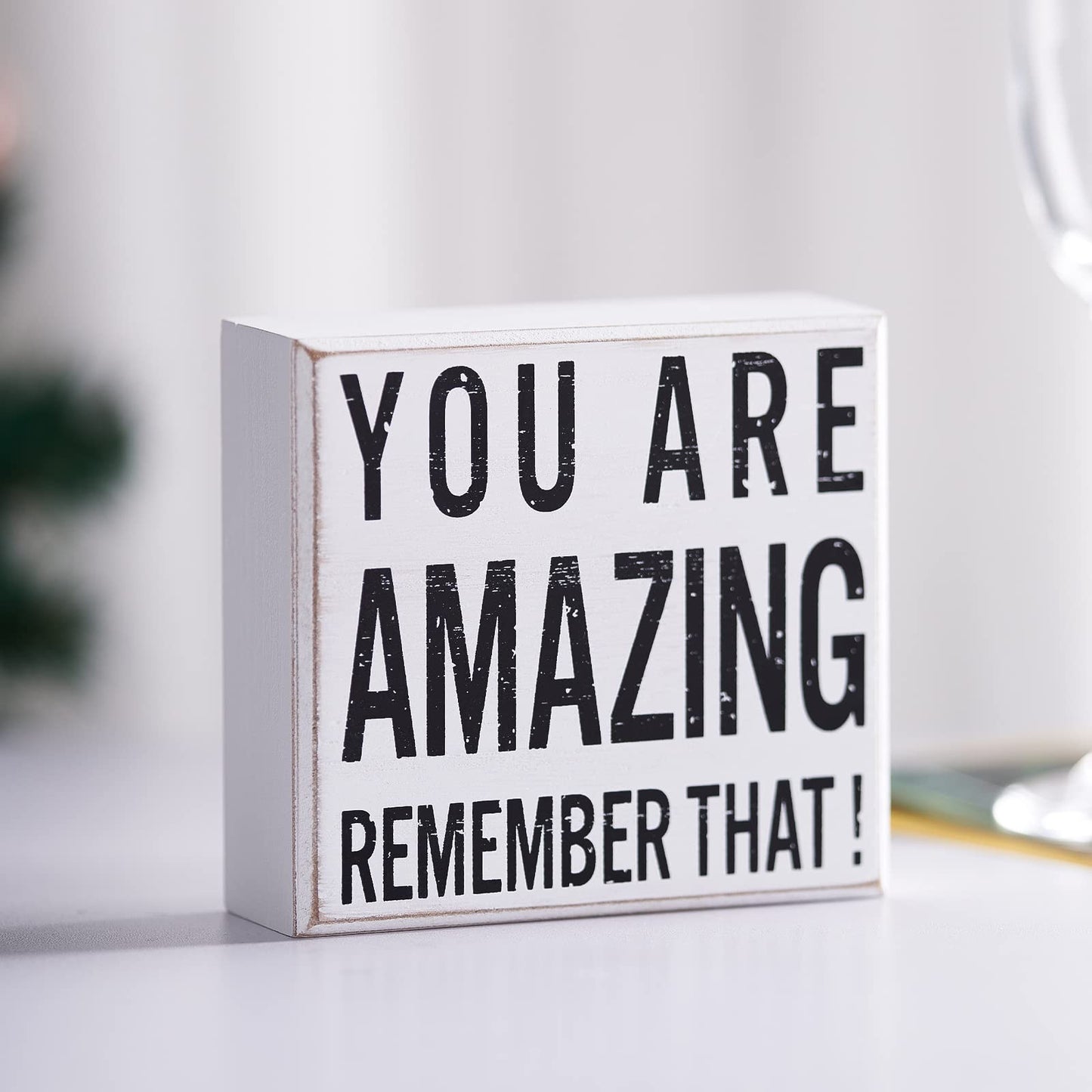 Inspirational Wooden Box Sign You are Amazing Remember That Wood Box Sign Home Decor Motivational Quote Desk Decor Thank You Gift for Home Office Bedroom Table 4.9 x 5.2 Inches(White)