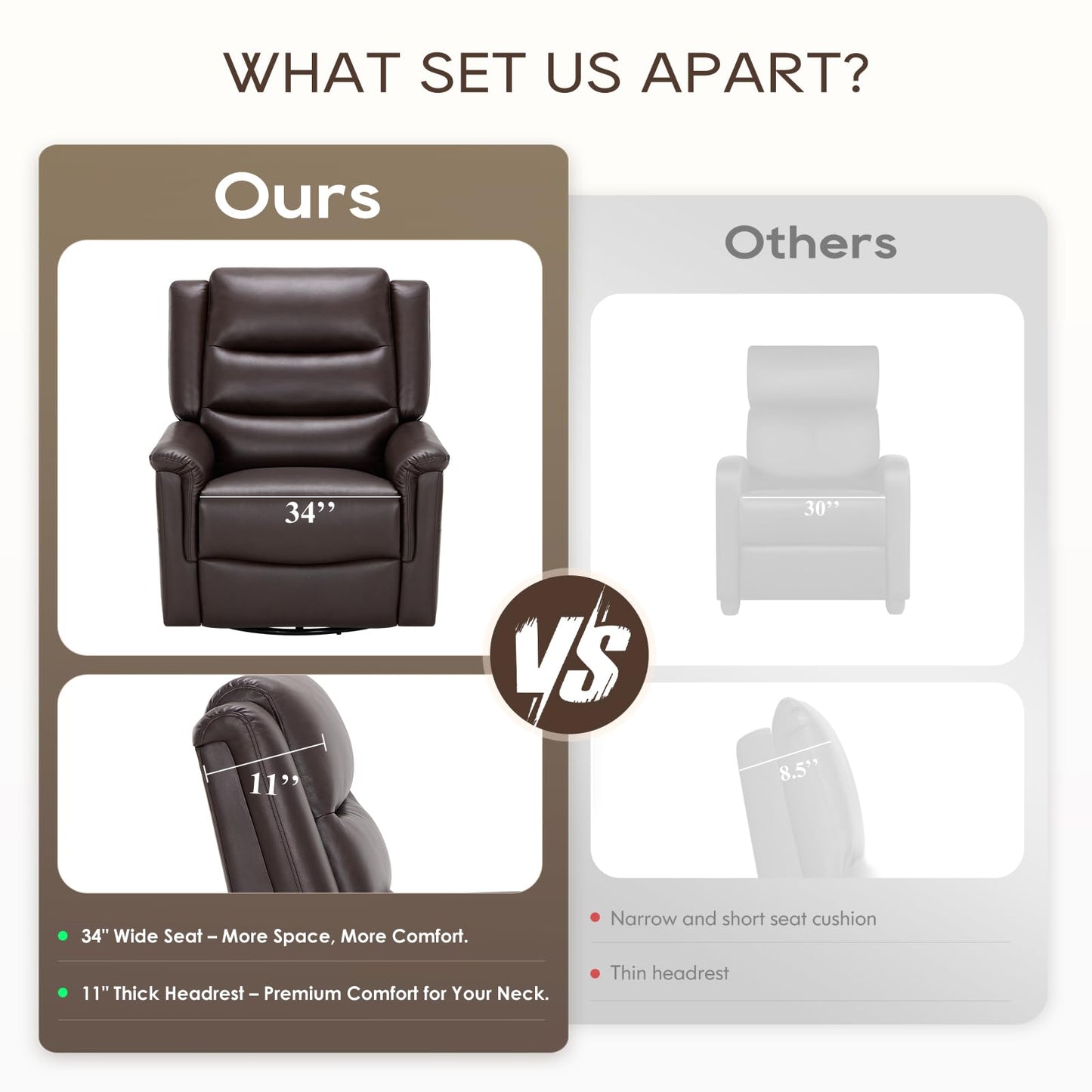 COLAMY Oversized Leather Recliner Chair, 360°Swivel Rocking Manual Recliner with Thick Cushioned Padding Backrest and Wide Seat - Darkbrown