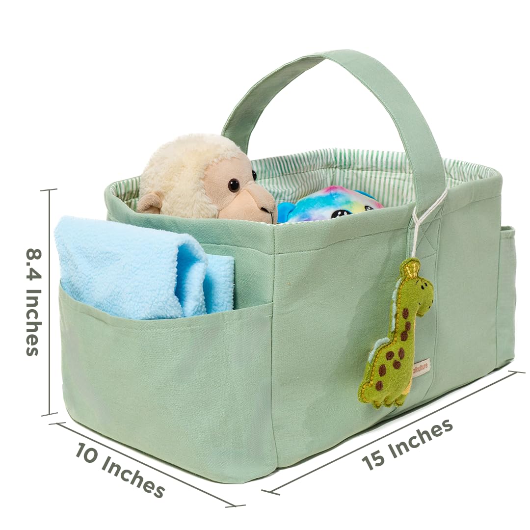 Folkulture Baby Diaper Caddy | Cotton Diaper Bag for Kids - Stylish Comfort Spacious Travel Essential Cart | Nursery Storage Bin and Car Organizer for Diapers, Wipes - (Sage Green - 15")