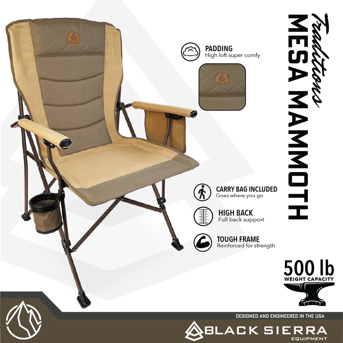 Black Sierra Oversize Camping Chair for Adults Supports 500 lbs, XL Heavy Duty Hard Arm Folding Chair, Steel Frame Durable Padded Outdoor Seat, Portable Fold Up Chair w/Cup Holder and Storage Bag