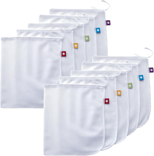 Reusable Produce Bags, Washable Mesh Bags for Fruits and Vegetables, Set of 10 - Flip and Tumble