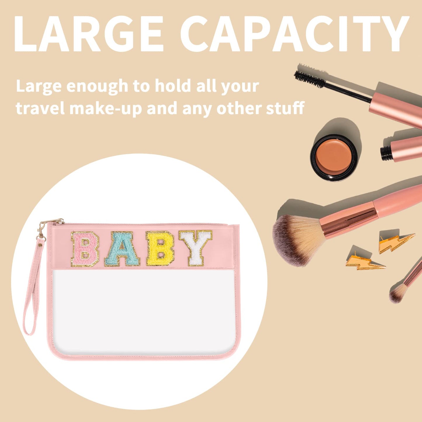 Iqimott Monogram Letter Clear Bag Purse, Chenille Glitter Letter Makeup Cosmetic Bag Patch Zipper Toiletry Pouch, Portable Travel Beach Snack Wristlet Bag for Women Girls(Baby, Pink)