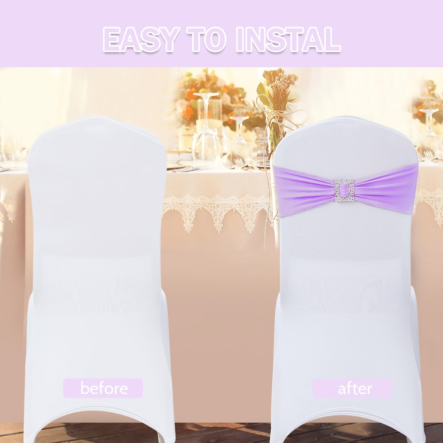 Joccun 60 PCS Spandex Chair Sashes Bows Stretch Chair Cover Band with Buckle Slider Universal Elastic Chair Ties for Wedding Banquet Party Event Decoration (Lavender)