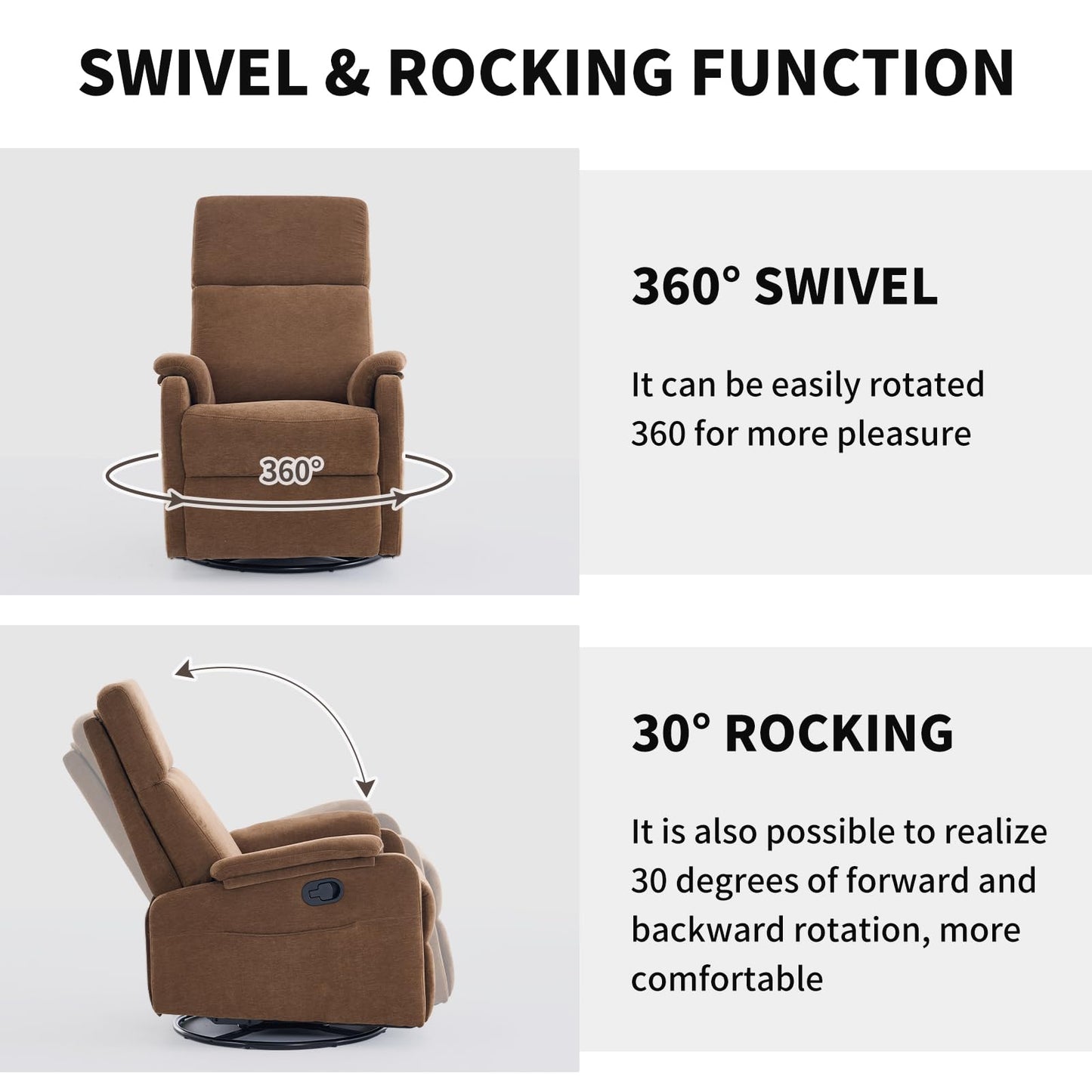 Recliner Chair, 360 Swivel Rocker Chair for Adults, Small Rocking Recliner Chair for Small Spaces, Upholstered Fabric Glider Recliner Nursery with Side Pockets for Living Room, Fabric Brown