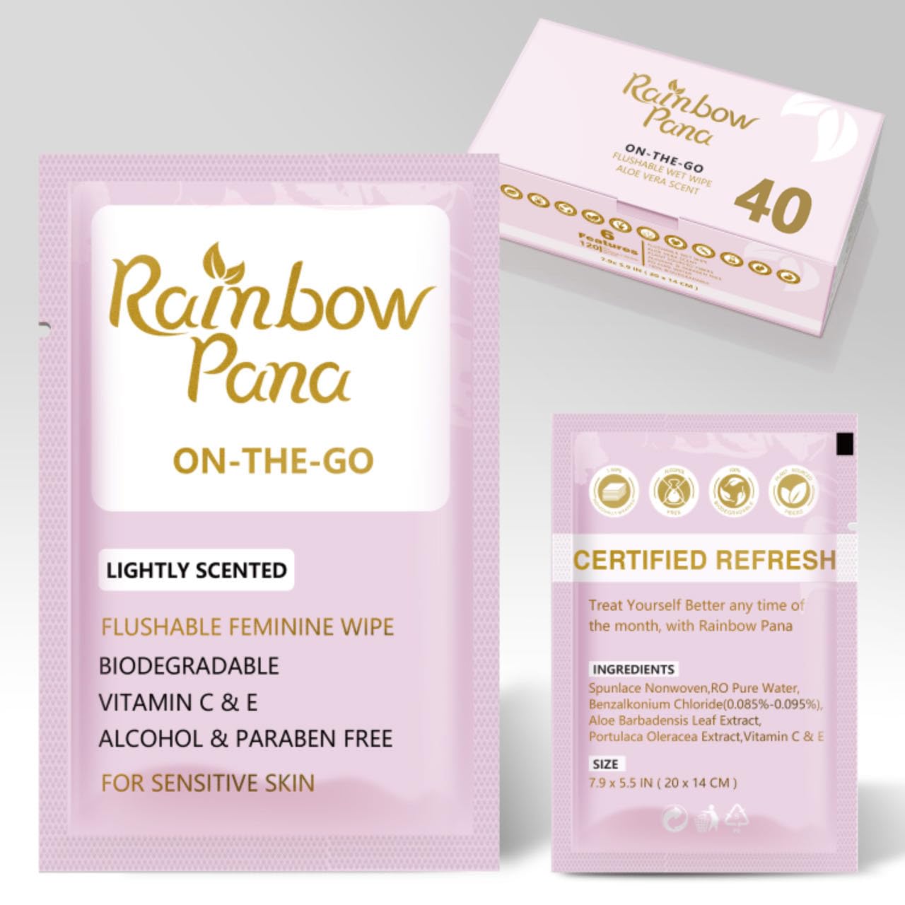 RainbowPana Flushable Wipes, 40 Count, ON-THE-GO Individually Wrapped - Butt Wipes for Women and Men, Travel Wipes for Family - Infused with Vitamin E and Natural Aloe, pH Balanced