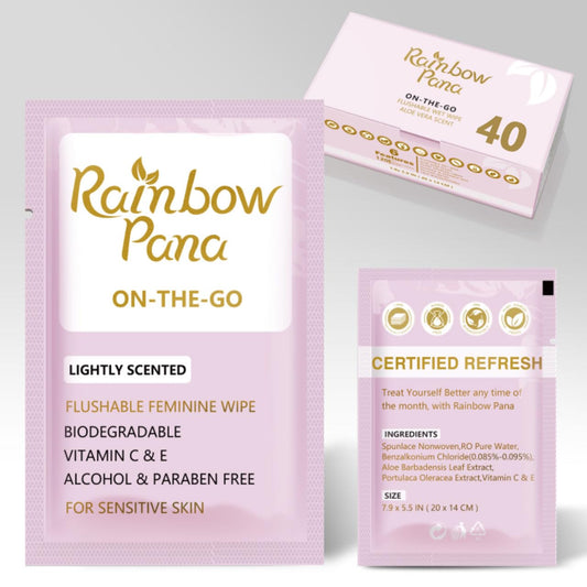 RainbowPana Flushable Wipes, 40 Count, ON-THE-GO Individually Wrapped - Butt Wipes for Women and Men, Travel Wipes for Family - Infused with Vitamin E and Natural Aloe, pH Balanced