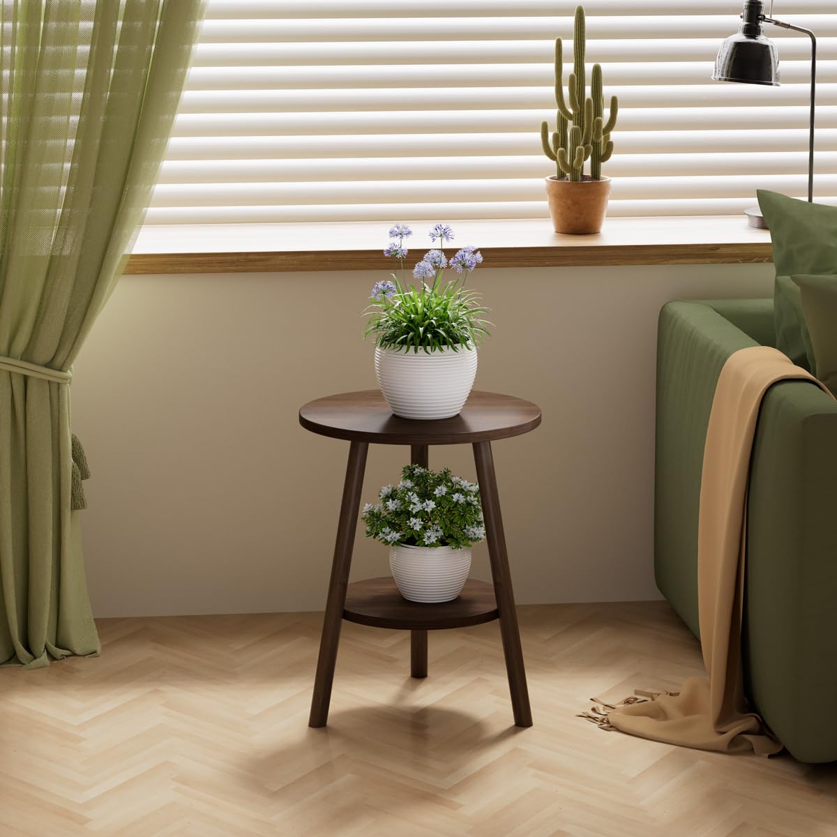 OERGKE Round End Table, Small Side Tables with Lower Shelf, Coffee Table, Bedside Table, Mid Century Modern Nightstand for Living Room, Bedroom, Corners and Office (Walnut)